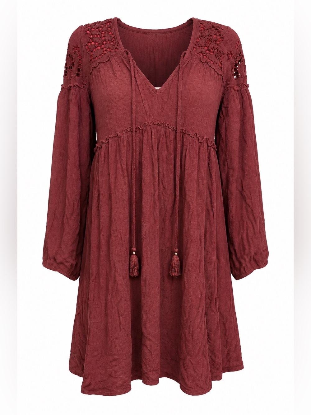 American Eagle Outfitters Deep Wine Crochet-Yoke Long Sleeve Dress